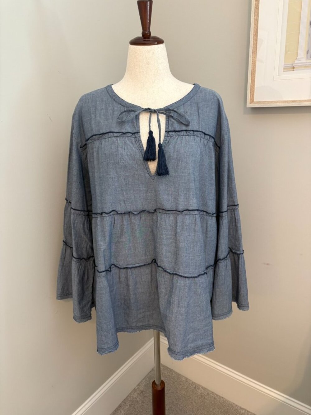 Sundance Catalog XXL Sonora Blue Chambray Tiered Boho Blouse Tassel Tie Top